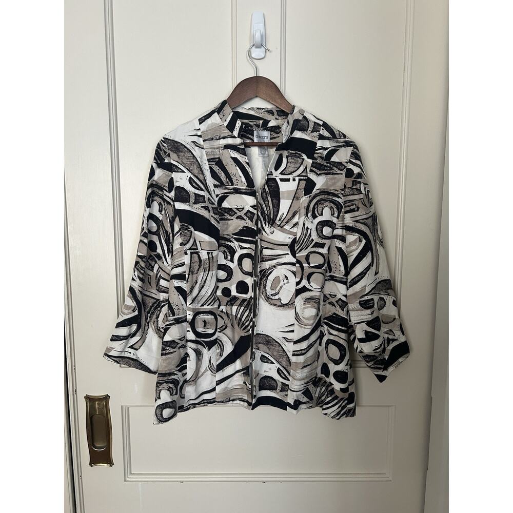 Chico's Silk Linen Blend Geometric Design Blazer Womens Size Large Black Tan